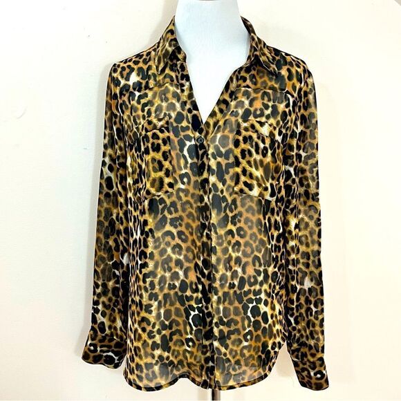 Express Portofino Leopard Print Semi Sheer Button Front Long Sleeve Blouse M - Picture 1 of 7